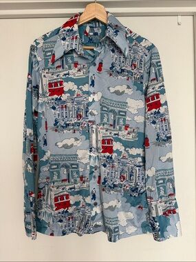 Vintage Men's Scenic Paris cityscape Print Button-Up Shirt Blue, Red Size Med